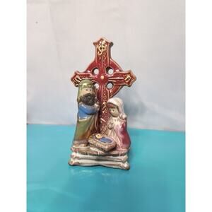 Ceramic Pottery Celtic Cross with Holy Family Nativity Christmas Decoration